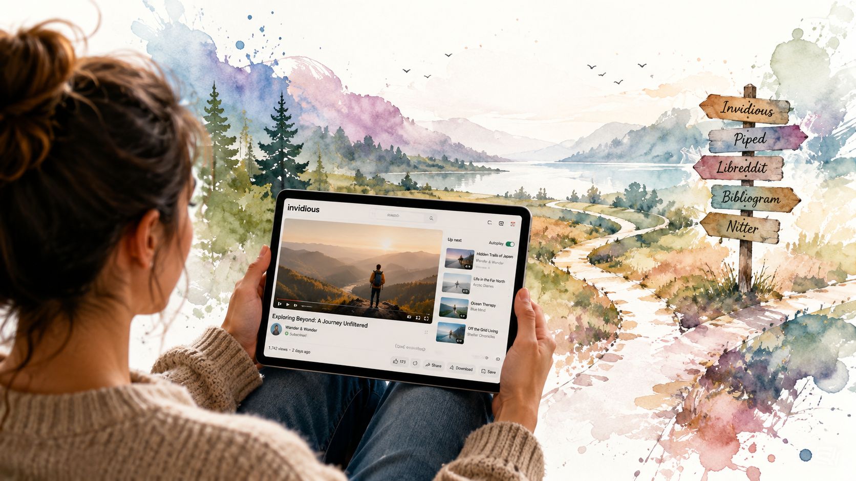 A woman holding a tablet showing the Invidious video platform interface with watercolor landscape and signage.
