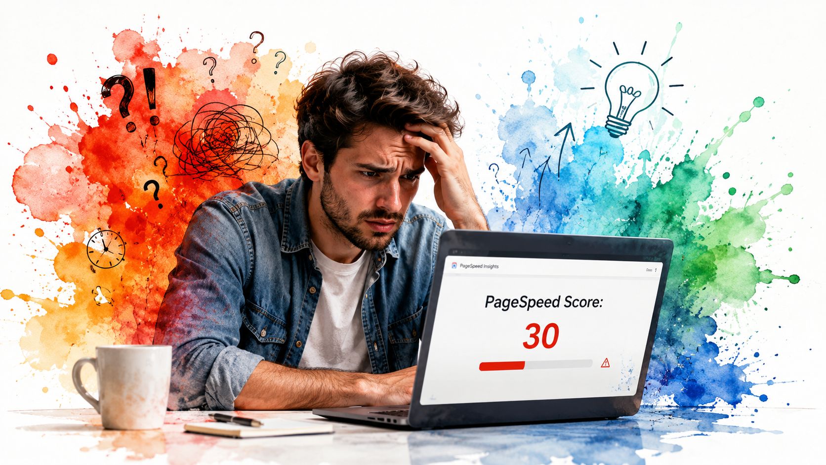 A frustrated man looking at a laptop screen displaying a low PageSpeed score of 30.