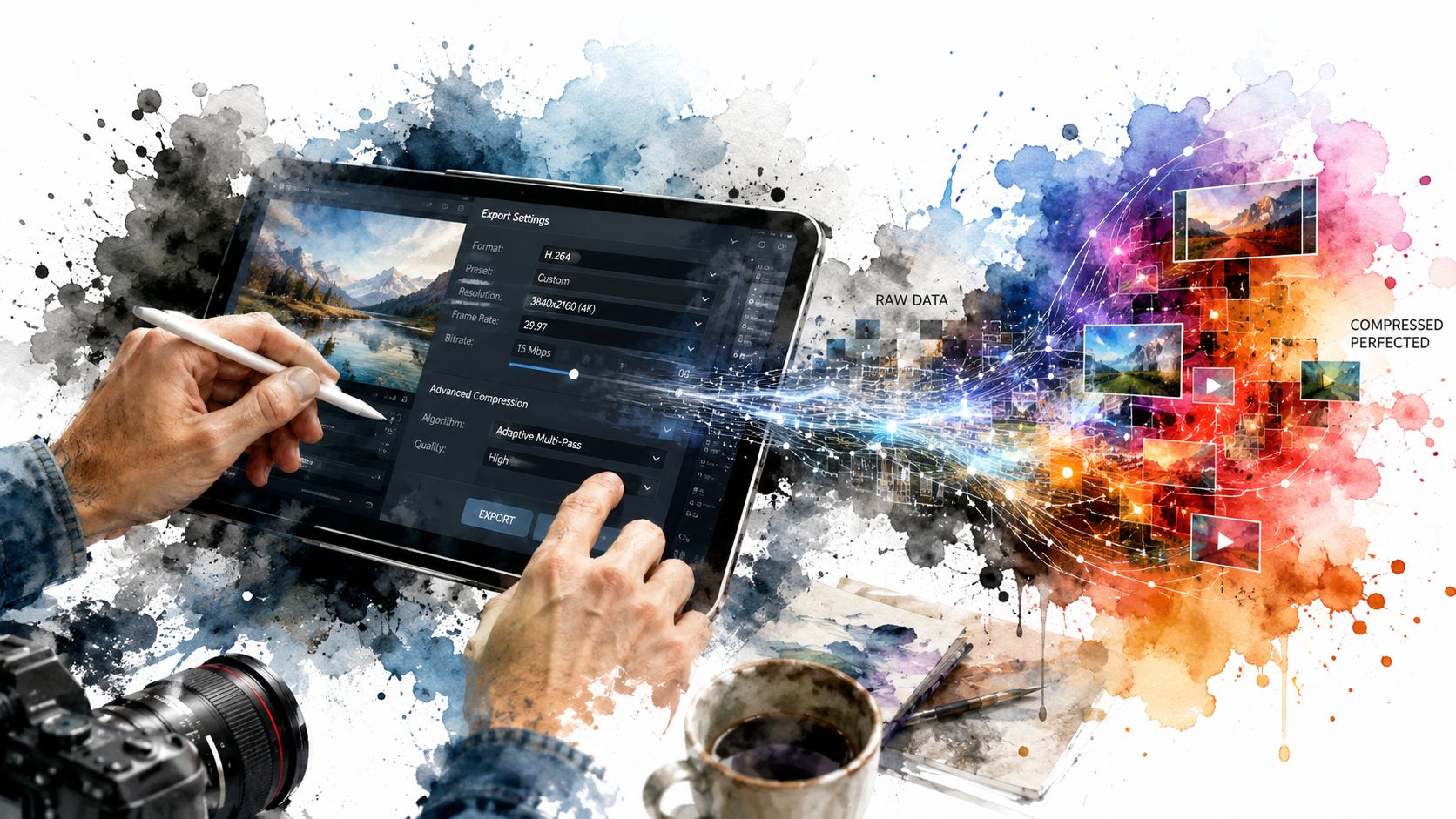 A digital artist using a tablet to adjust video export settings with an artistic watercolor splash effect.