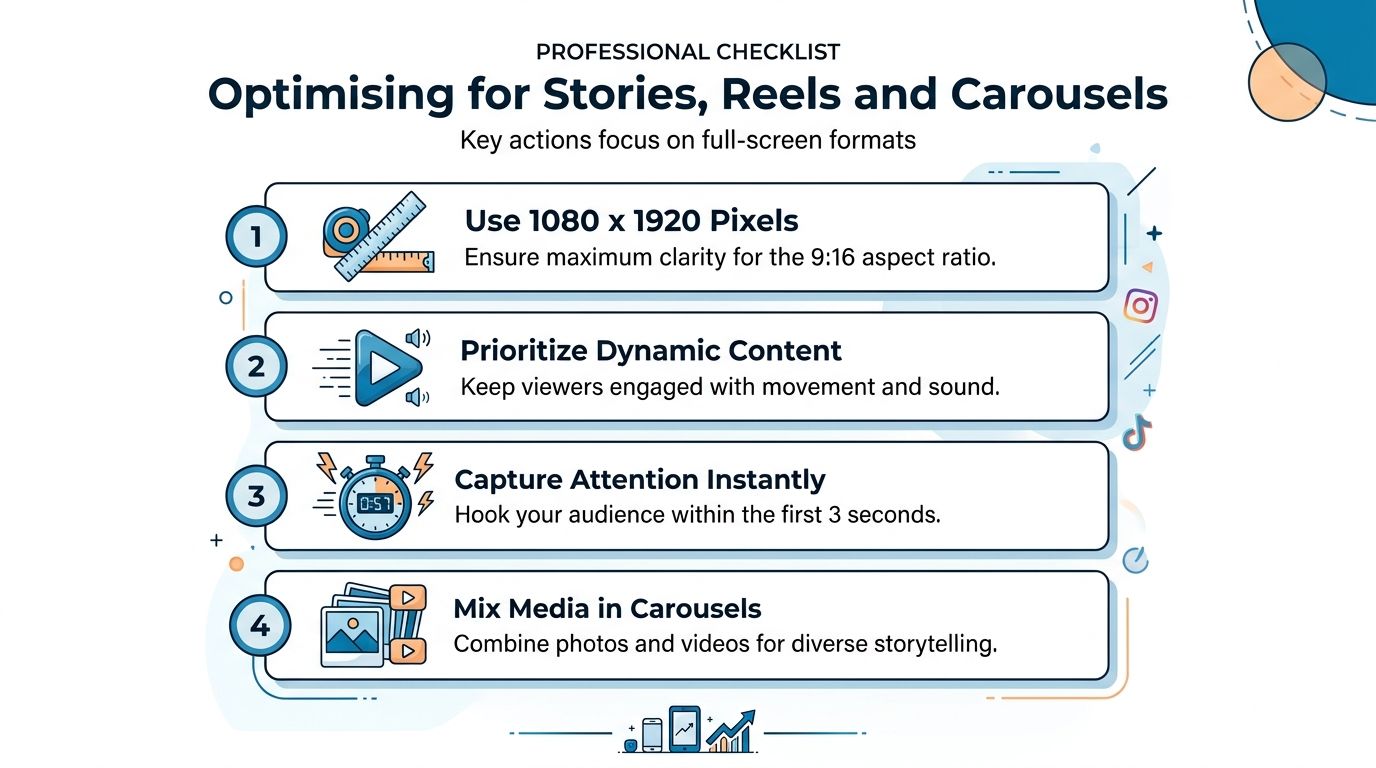 A professional checklist infographic showing four tips for optimizing Instagram stories, reels, and carousels for engagement.