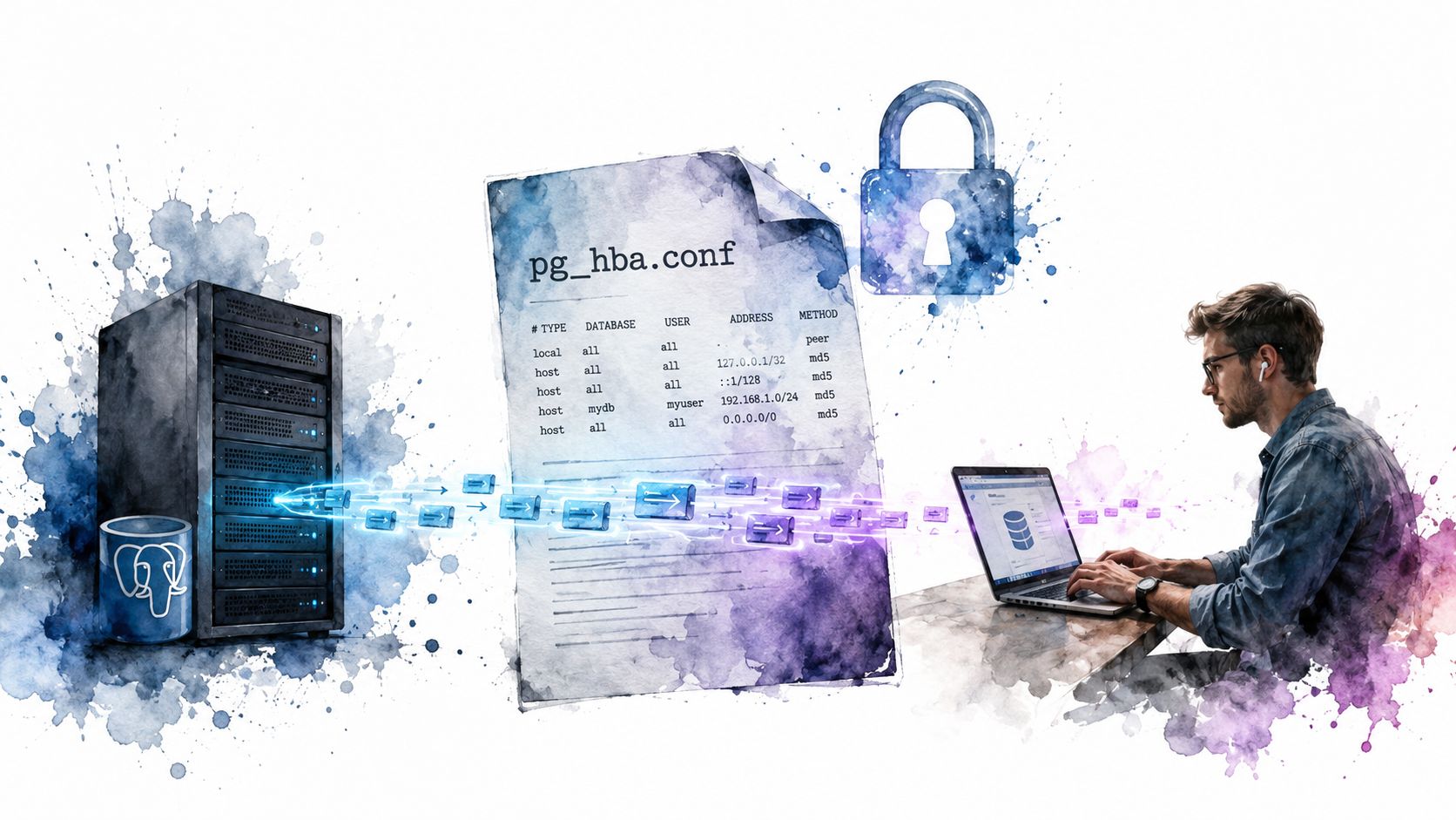 A conceptual illustration showing a secure PostgreSQL database configuration process with a file and user connection.