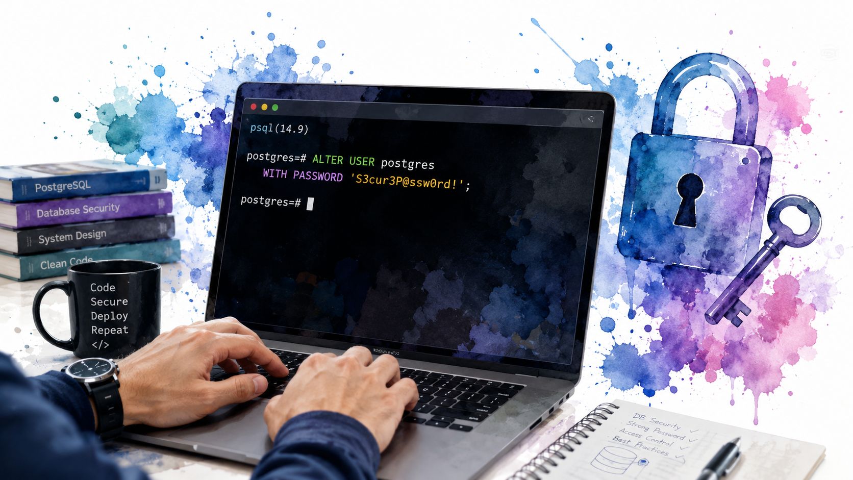 A person changing the default postgres user password on a laptop in a secure tech environment.
