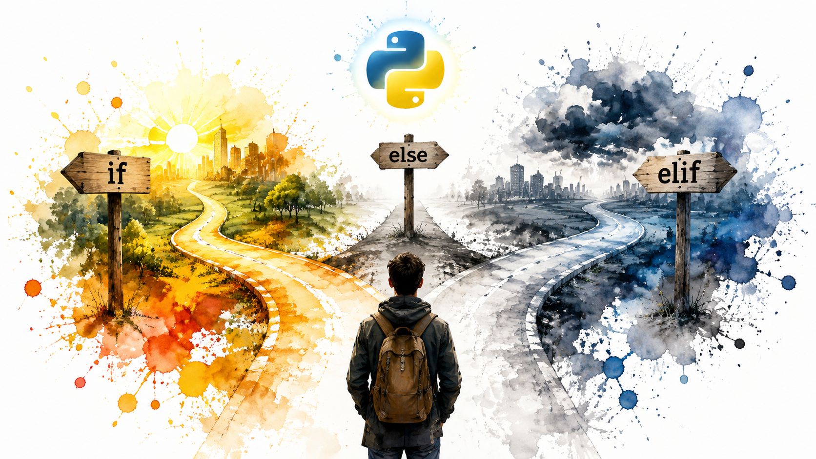 A traveler standing at a crossroads choosing between programming paths labeled if, else, and elif in Python.