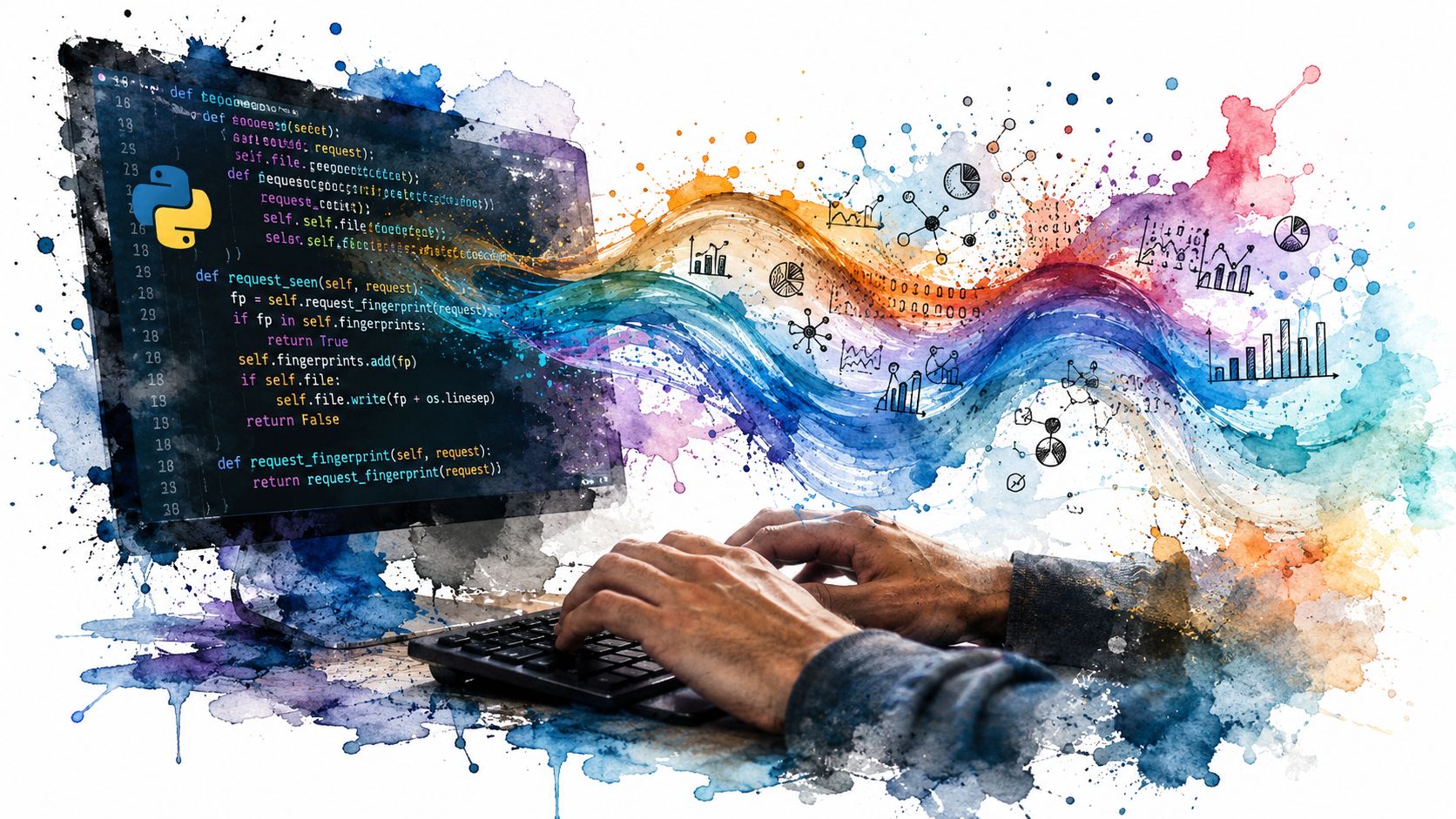 A person coding in Python on a computer with a colourful artistic visualisation of data streams.