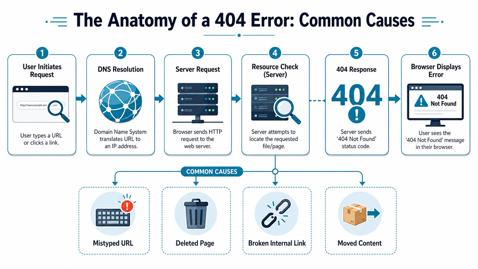 A flowchart explaining the step-by-step process of a 404 error and its common causes.