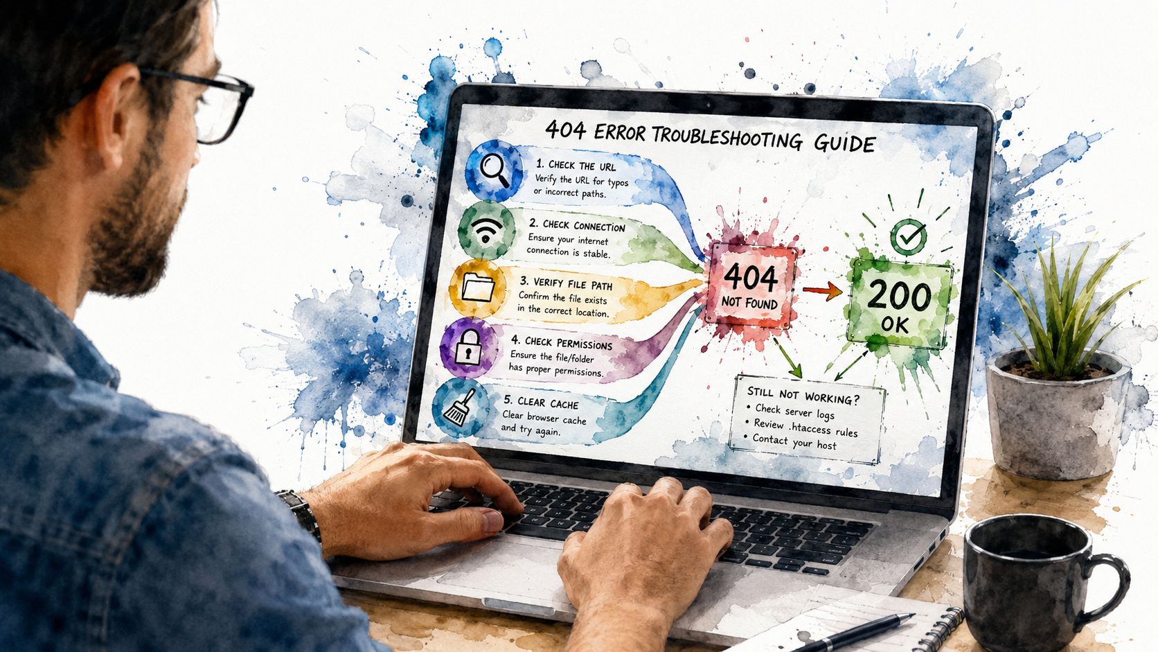A person working on a laptop displaying a creative 404 error troubleshooting guide infographic illustration.