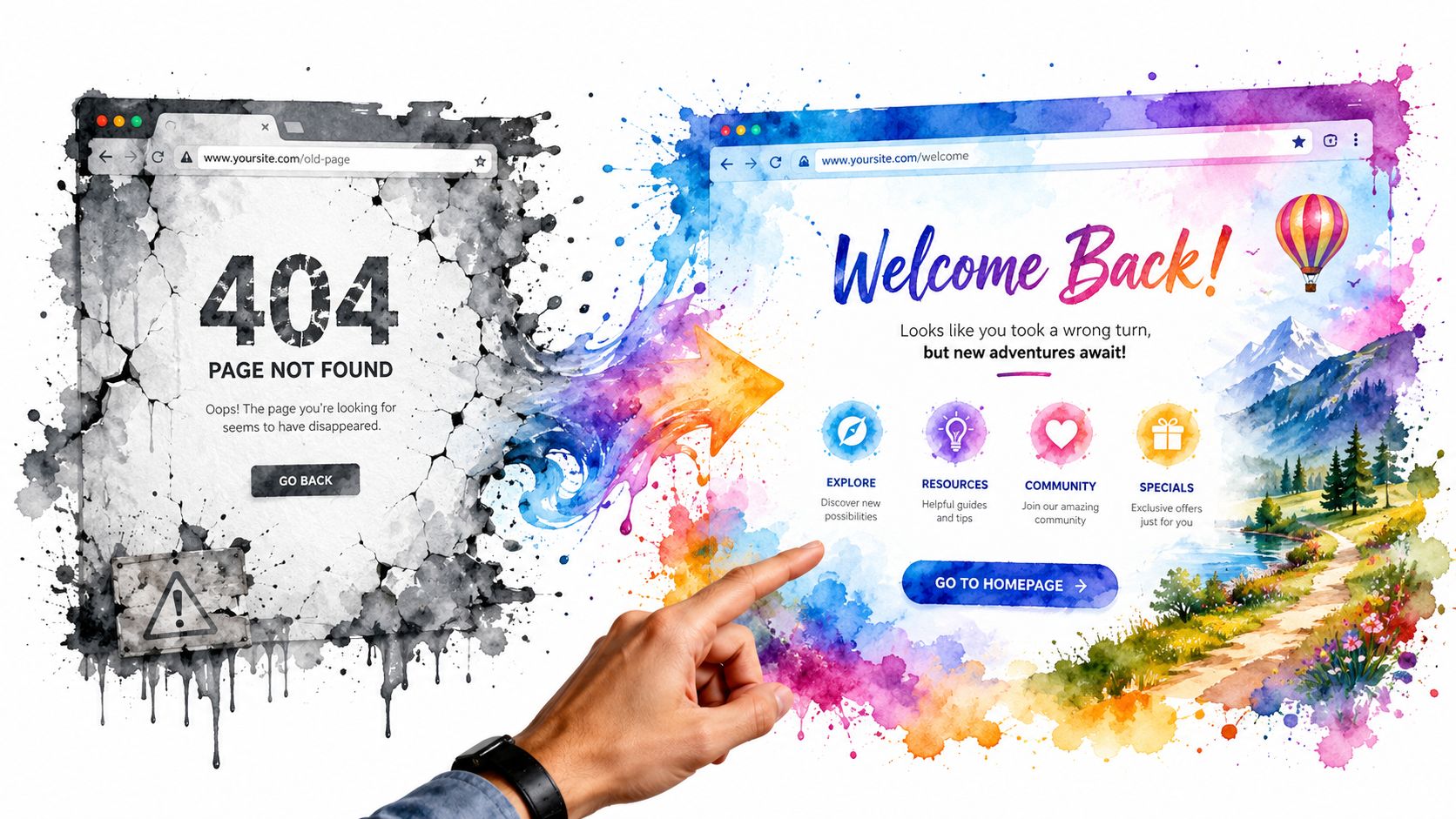 A creative illustration depicting a broken 404 page transforming into a colorful and welcoming website homepage.