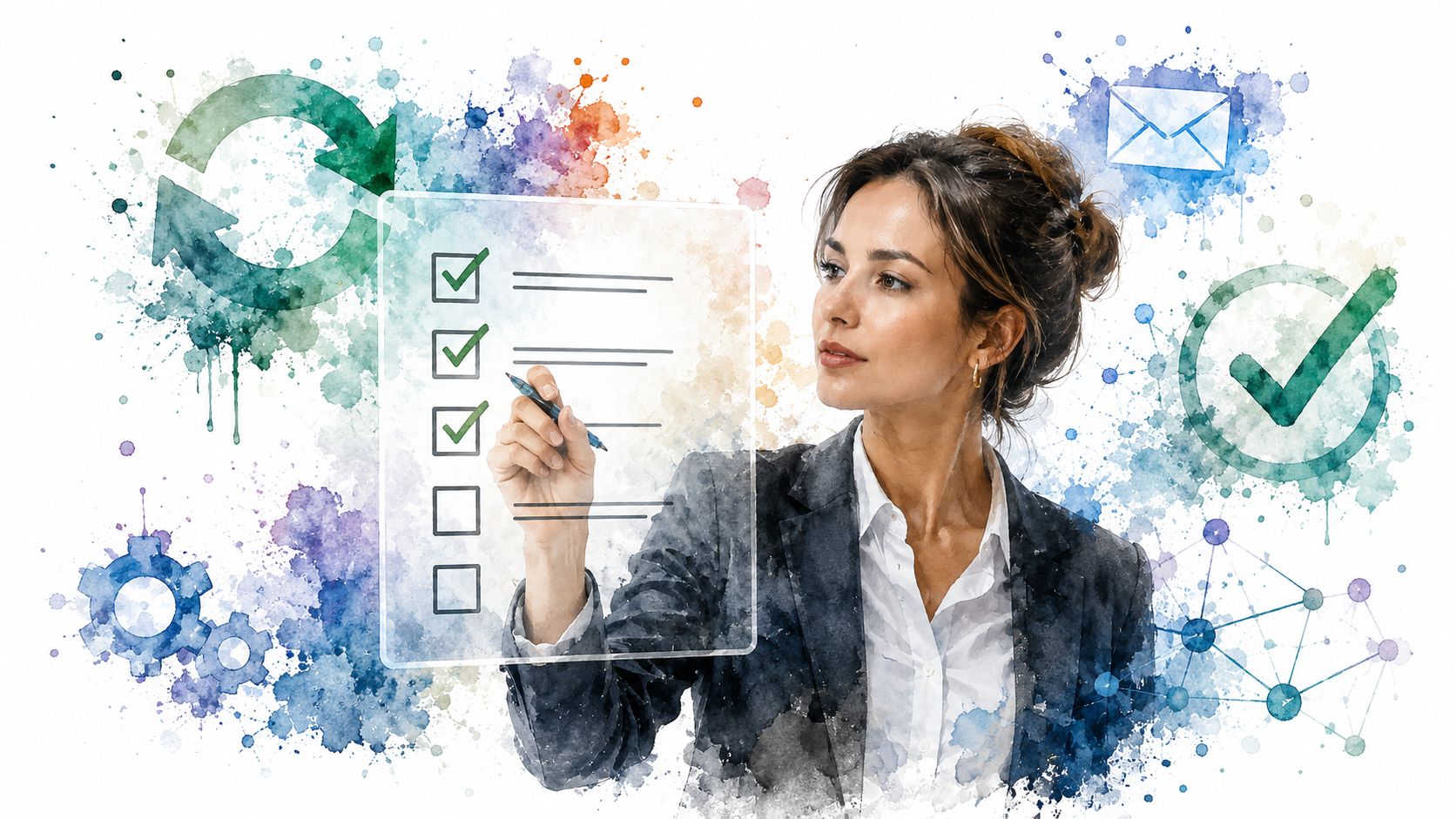 A professional woman in a suit interacting with a digital checklist against a colorful watercolor background.