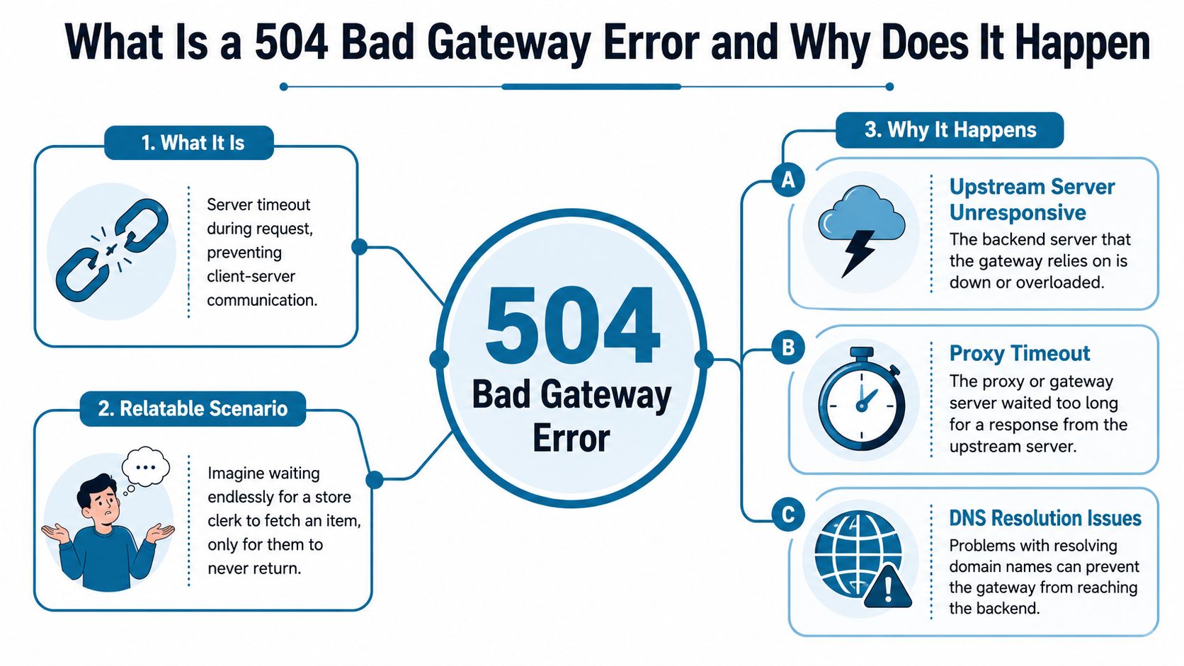 An infographic explaining a 504 Bad Gateway error, its causes, and a relatable analogy for the user.
