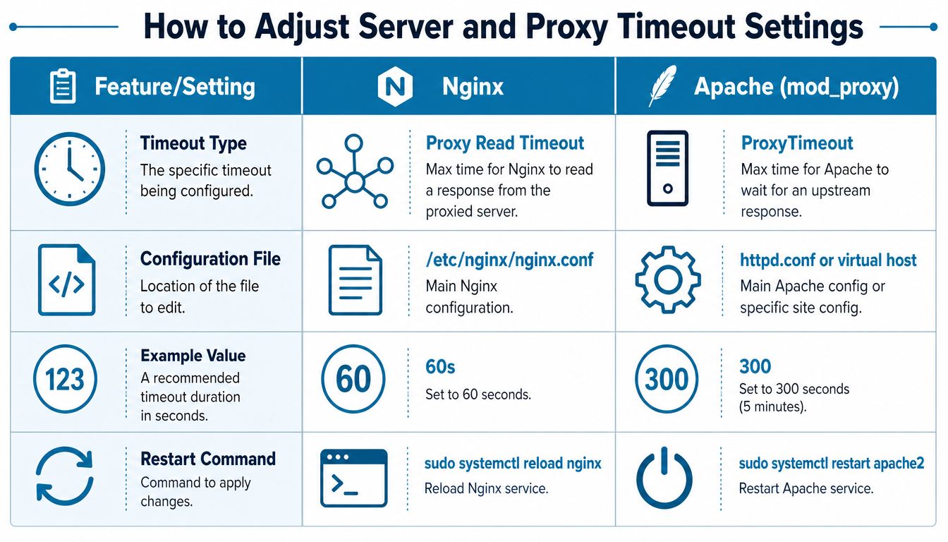 A comparison table showing how to adjust server and proxy timeout settings for Nginx and Apache web servers.