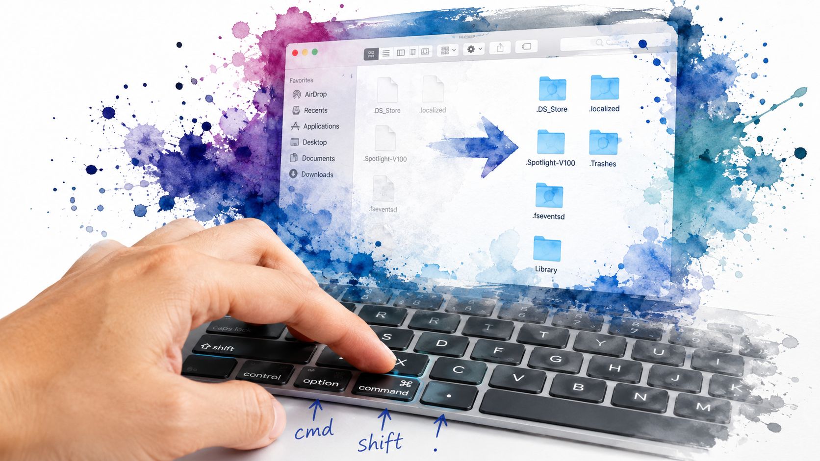 A hand pressing keyboard keys to toggle visibility of hidden system files on a Mac OS interface.