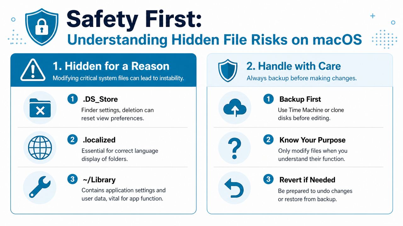 An infographic titled Safety First illustrating the risks and safety precautions for handling hidden files on macOS.