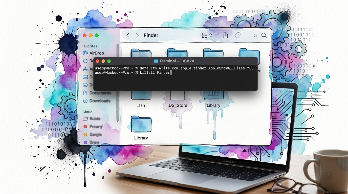 A MacBook Pro displaying terminal commands on screen to reveal hidden files in the macOS Finder application.