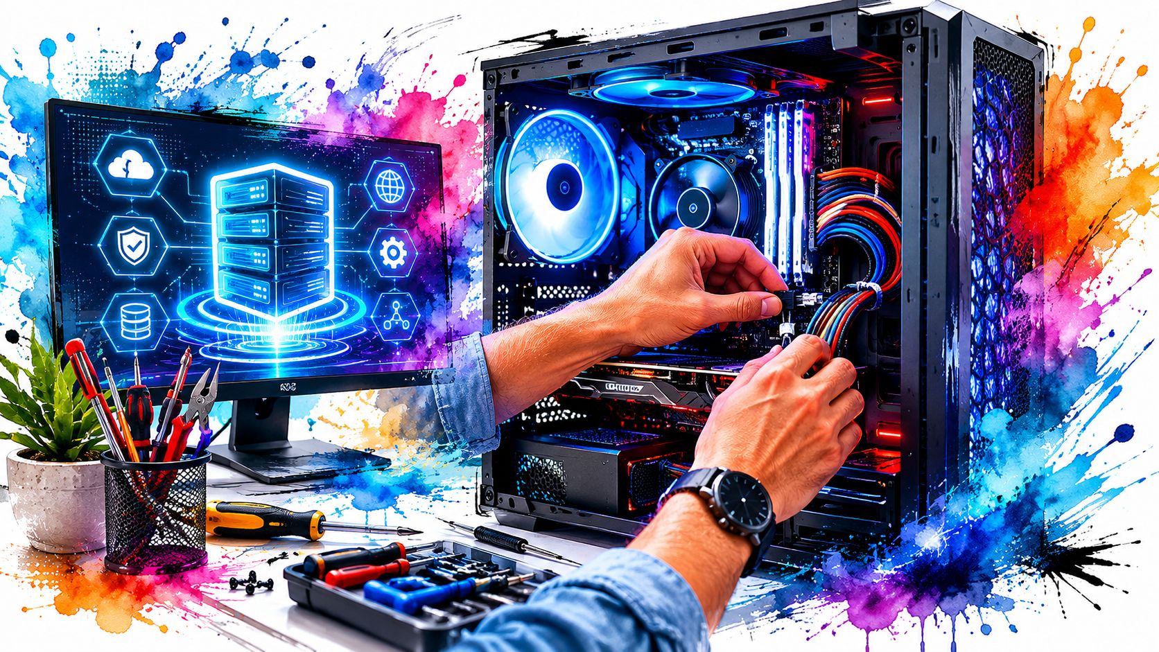 A person assembling a computer, with an abstract colorful background and server icons on the monitor screen.