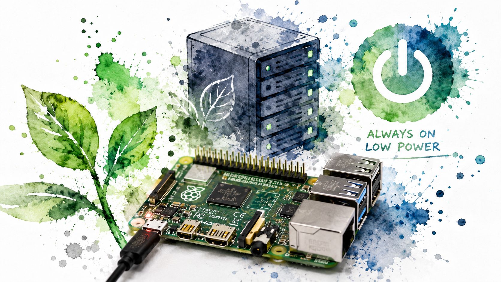 A Raspberry Pi computer depicted with a server illustration and watercolor leaf accents for energy efficiency.