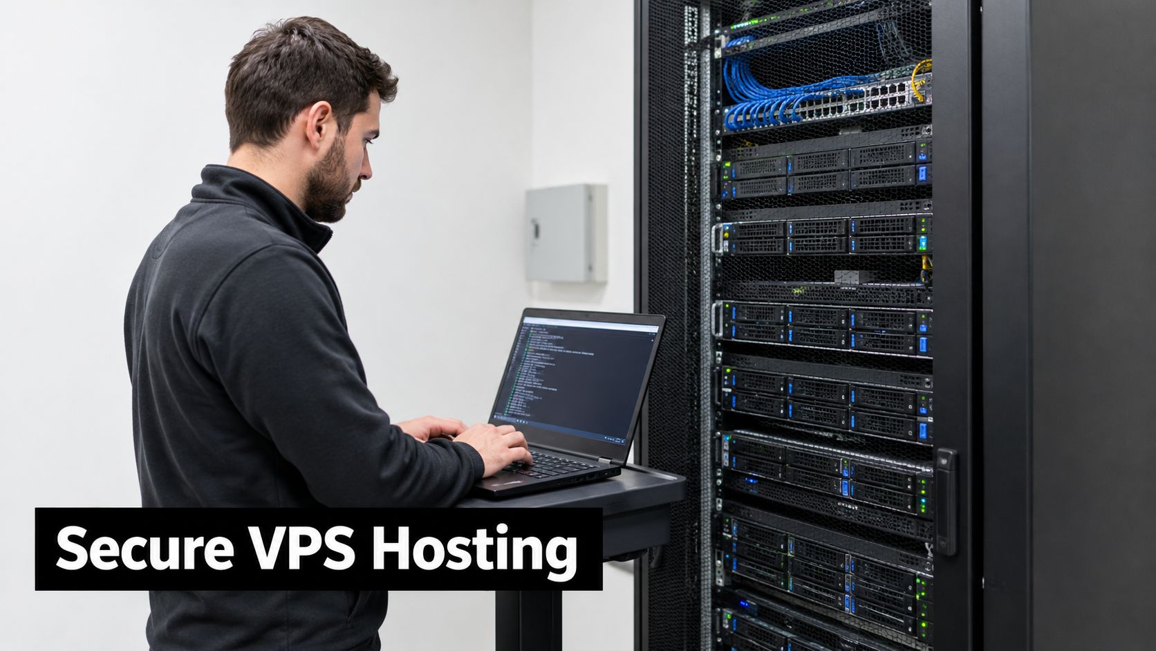 A technician using a laptop to configure secure server hardware in a professional data center environment.