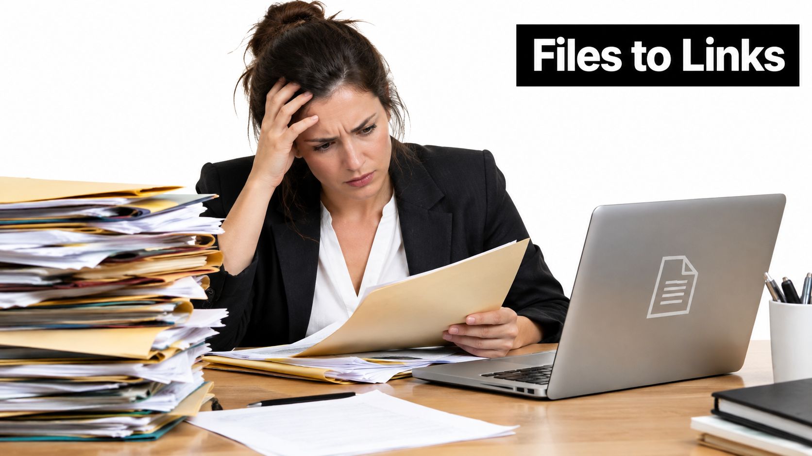 A frustrated professional businesswoman looking at a large stack of paper files while using a laptop computer.