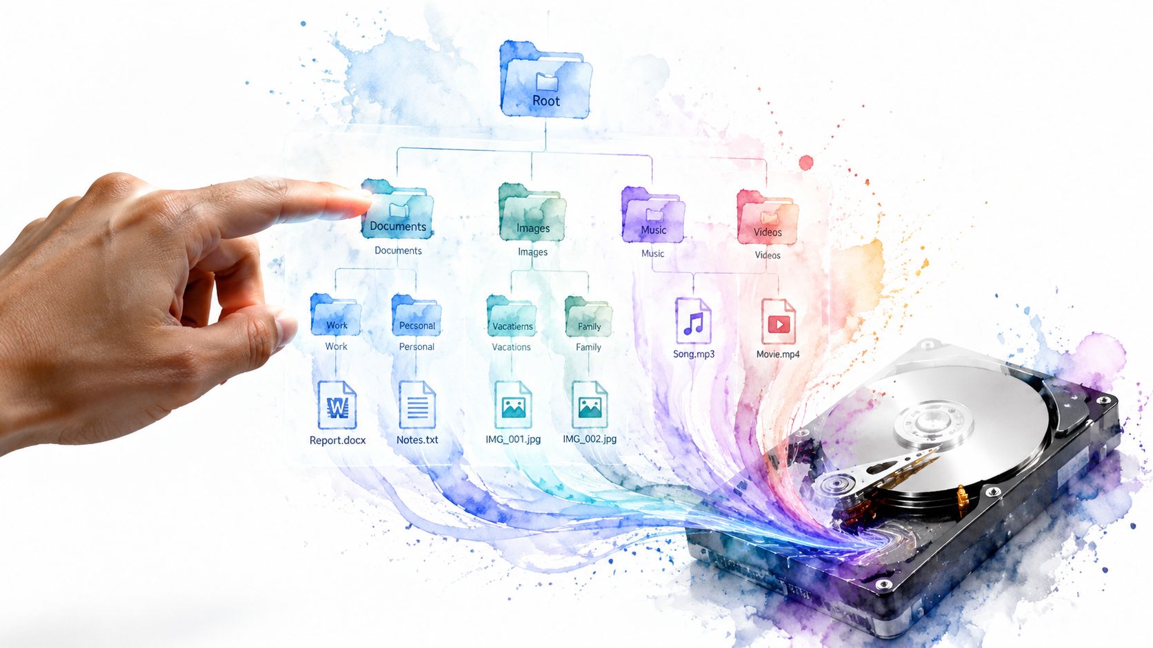 A hand touching a holographic file directory structure connected to a physical hard drive data storage device.