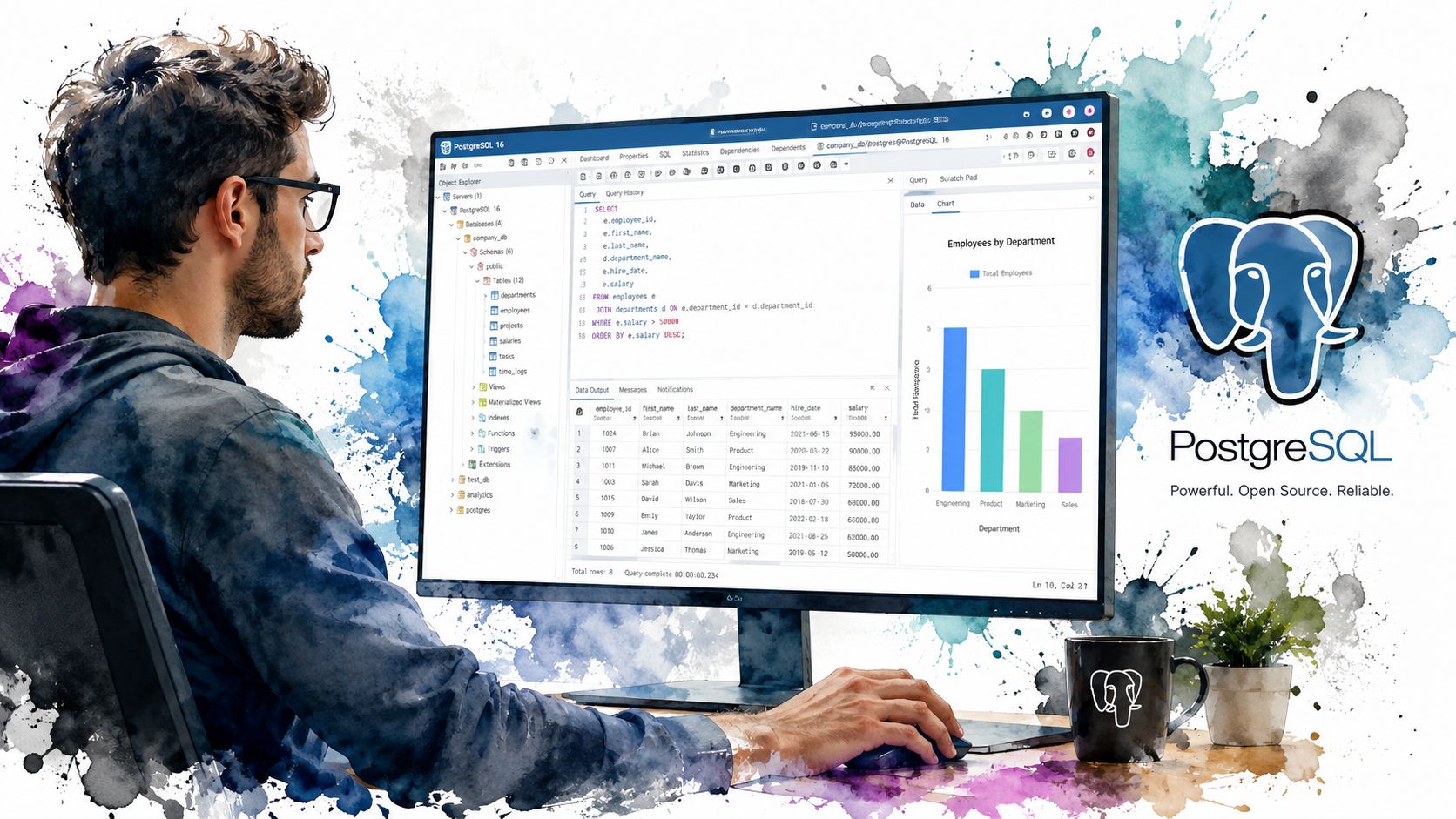 A professional developer analyzing a PostgreSQL database on a computer monitor with data visualization charts displayed.