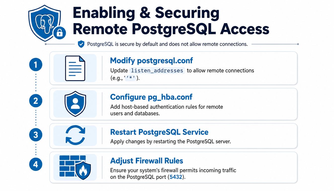 A four-step infographic illustrating the process for enabling and securing remote connections to a PostgreSQL database.
