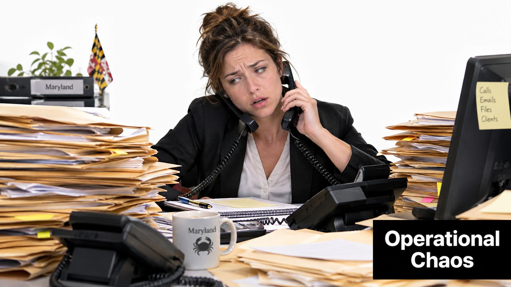 A stressed woman working at an office desk piled with files while talking on two phones simultaneously.